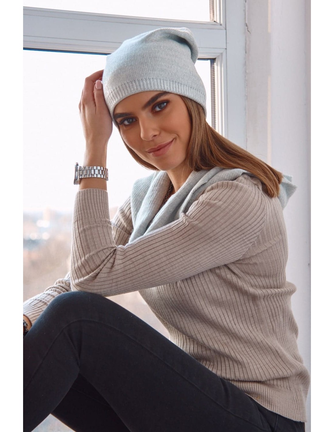 Set dama, palarie gri deschis cu snood, C69 - Magazin online - Boutique